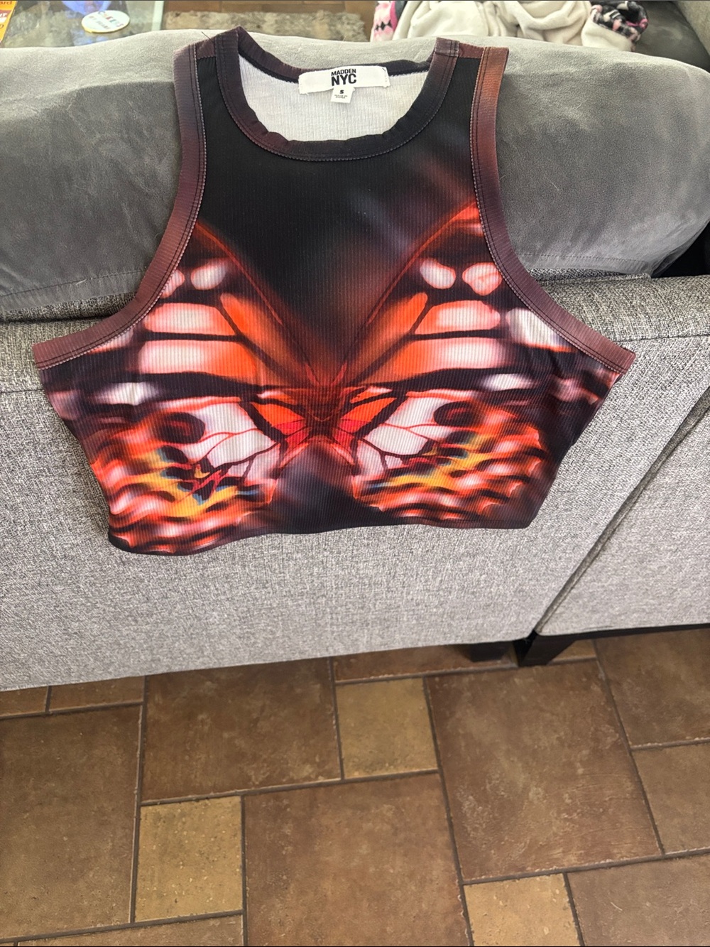 NYC Orange & Brown Graphic Butterfly Crop Tank